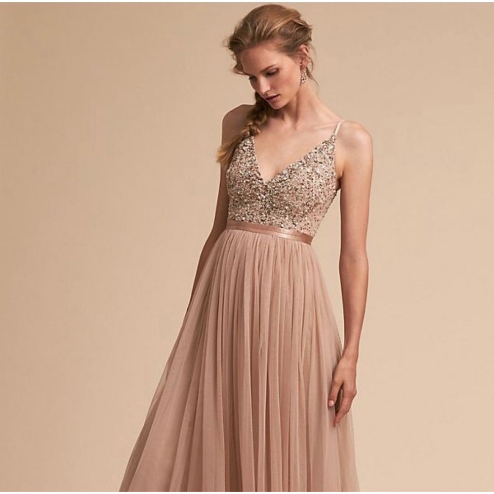 BHLDN Avery Maxi Gown Women 4 Champagne Pink Sequin Tulle Ethereal Romantic
